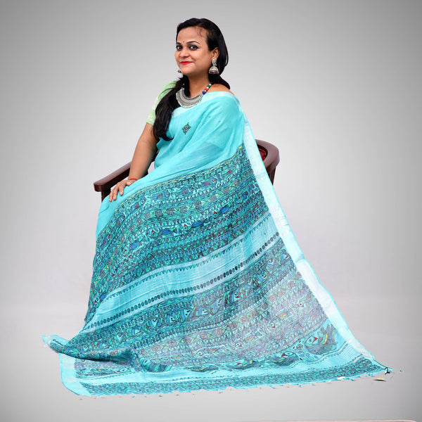 Madhubani Painted Linen Saree Mithila Gram