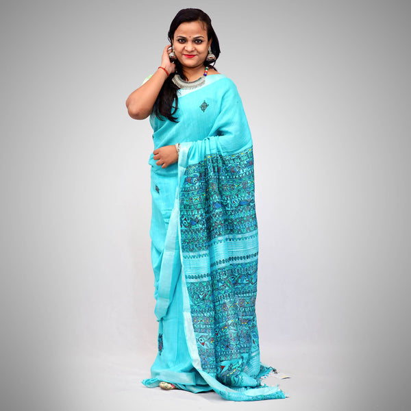 Madhubani Painted Linen Saree Mithila Gram