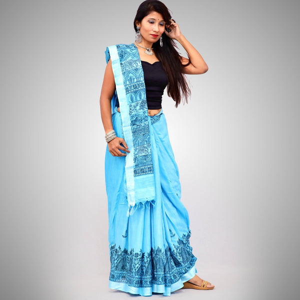 Madhubani Painted Linen Saree Mithila Gram