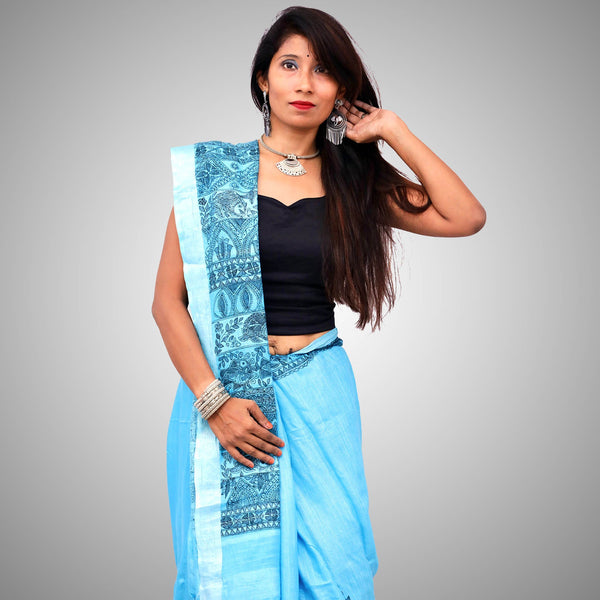 Madhubani Painted Linen Saree Mithila Gram