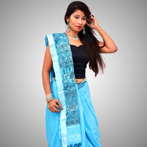Madhubani Painted Linen Saree Mithila Gram