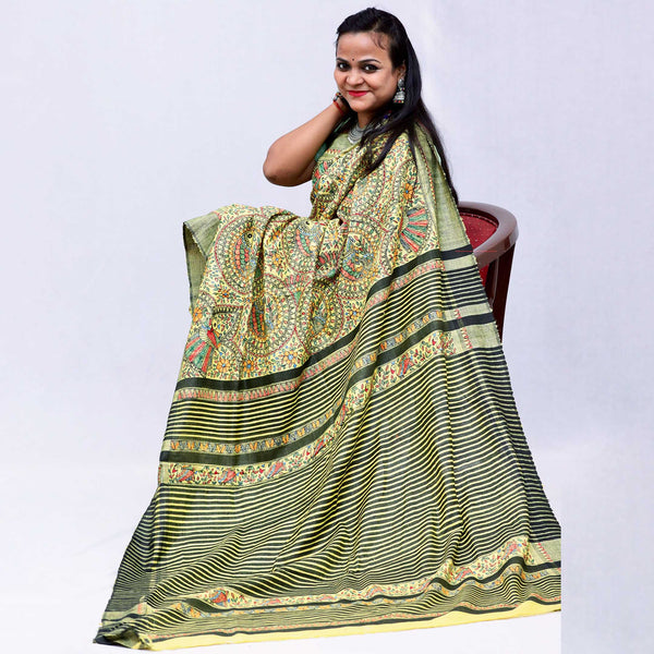 Madhubani Painted Silk Saree Mithila Gram