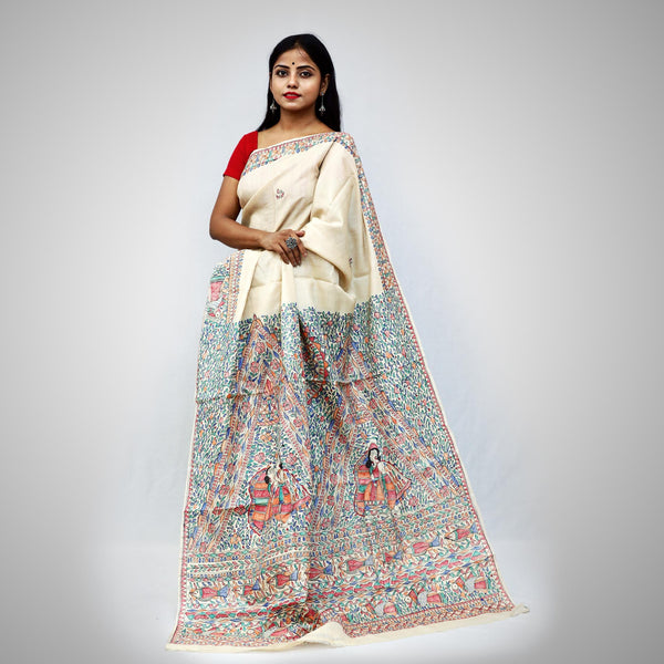Madhubani Painted Silk Saree Mithila Gram