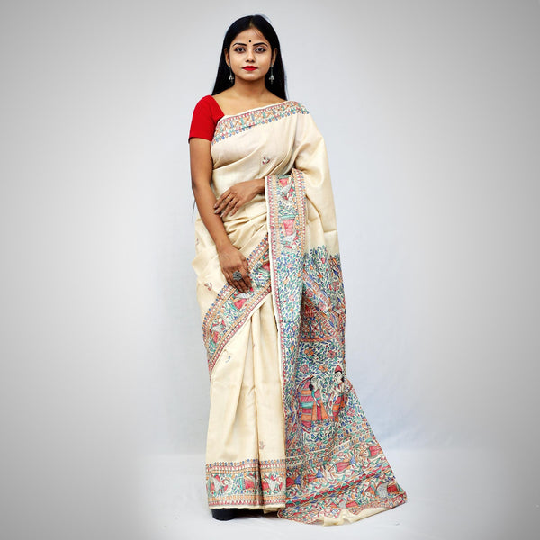Madhubani Painted Silk Saree Mithila Gram
