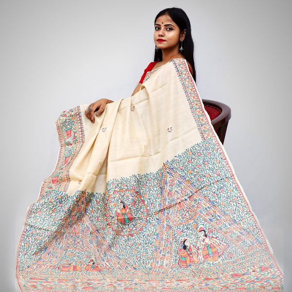 Madhubani Painted Silk Saree Mithila Gram