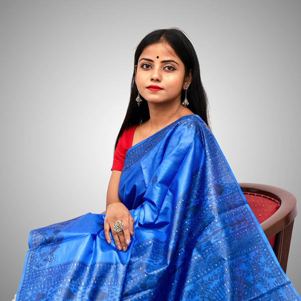 Madhubani Painted Silk Saree Mithila Gram