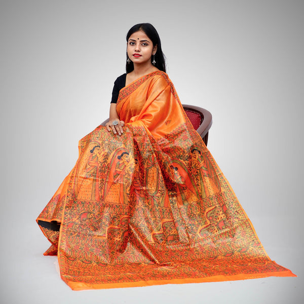 Madhubani Painted Silk Saree Mithila Gram