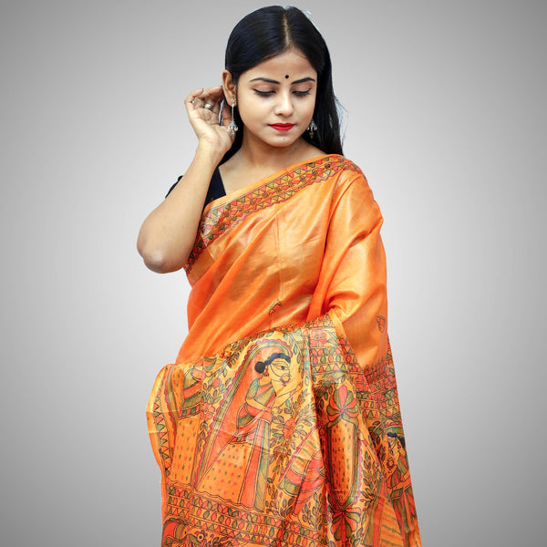 Madhubani Painted Silk Saree Mithila Gram