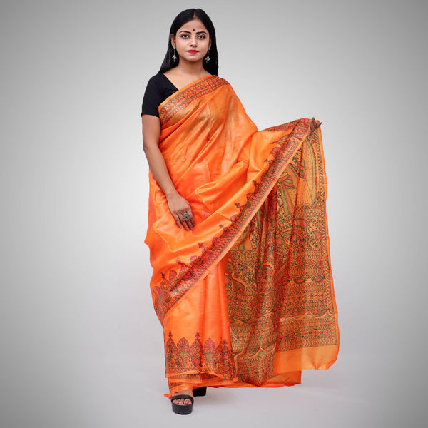Madhubani Painted Silk Saree Mithila Gram
